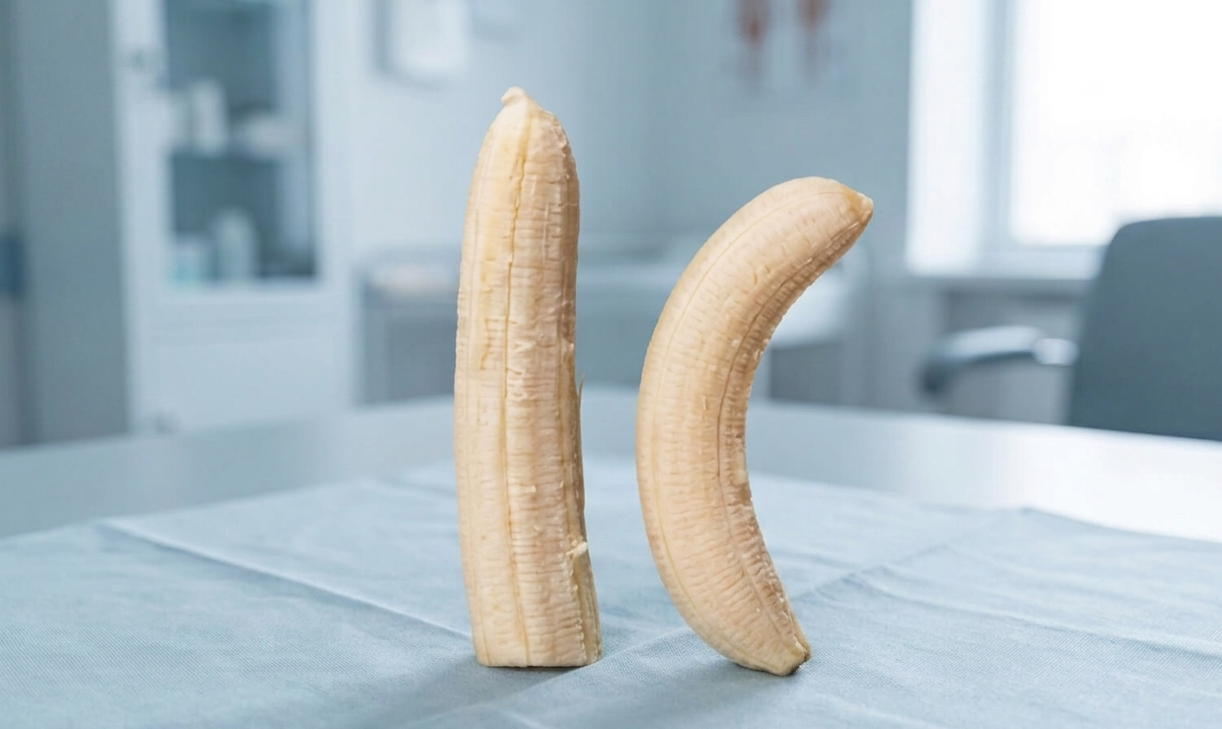 Ilustração médica mostrando curvatura peniana causada pela doença de Peyronie com urologista especialista em Atibaia