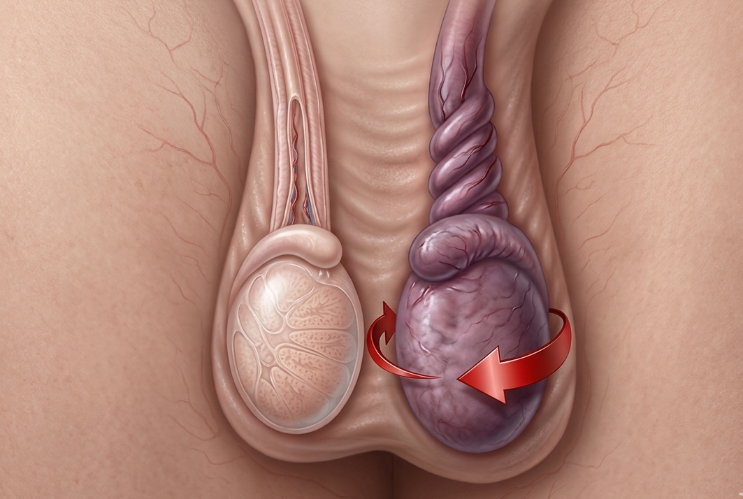 Ilustração médica mostrando torção testicular e interrupção do fluxo sanguíneo do testículo.